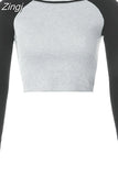 Casual Patchwork Long Sleeve Autumn T-shirt Women Ribbed Bodycon Crop Tops Crew Neck Cotton Pullovers Tee Shirt