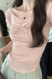 Design Big V-Collar Lace Collage Split Bow Short-Sleeved T-Shirt Women's Summer New Pure Korean