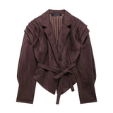 Women's ZA Autumn And Winter New Street Fashion Girded Shoulder Deer Leather Jacket Jacket