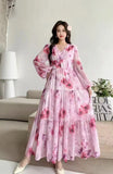 Dress Women 2025 New High-End Sense V-Neck Pearl Buckle Lantern Sleeves Wide Swing Print Long