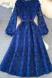 Yellow/Red/White Hollow Out Lace Long Dress Vintage O-Neck Puff Sleeve High Waist A-Line Big Swing Maxi Party Vestido