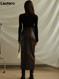 Spring Autumn Soft Brown Faux Leather Maxi Skirt Women with Back Slit High Waist Long Luxury Elegant Office Clothes