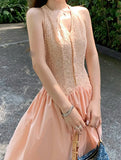 Island Pink Niche Gentle And Comfortable Thin Hanging Neck Dress Women Lace Splicing French Long