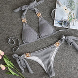 Zingj Sexy Shiny Special Fabric Swimwear Crystal Diamond Bikini Gold Straps Women's