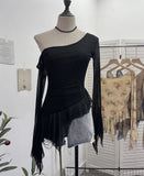 Tie-Dye-Print Oblique Shoulder Dress Repair Irregular Lotus Horn Long-Sleeved Mesh T-Shirt