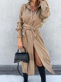Solid Long Sleeve Shirt Dress Women Lace up Single Breasted Beach Maxi Party Dresses Turn-down Collar Split Sash