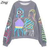 Women Fashion Contrast Color Beauty Print Casual Fleece Sweatshirts Female Long Sleeve Hoodies Chic Pullovers Tops