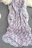 Autumn Bohemian Women Tie Dye Printed Pleated Long Dress Boho Stand Collar Puff Sleeve High Waist Draped Maxi Vestido