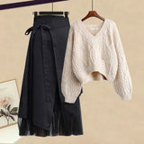Women Winter Patchwork Long Sleeve Knitted Tops + Asymmetric Skirt 2 Piece Suit Female Party Elegant Two Piece Set 211-0-Outfit