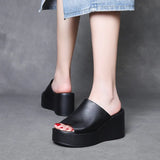 Time 99] Head-Level Cow Skin Retro Slope Hedley Sandals Women In Summer Wearing Loose Cake Thick Bottom Fish Mouth Half