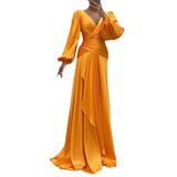 Zingj Summer New Cross Close Waist Fold Long Sleeve Temperament Show Thin Dress-Outfit