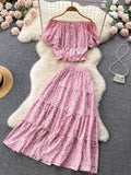 Vintage Women Floral Printed Two Piece Set Casual Slash Neck Single Breasted Short Blouse + High Waist A-Line Midi