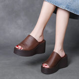 Time 99] Head-Level Cow Skin Retro Slope Hedley Sandals Women In Summer Wearing Loose Cake Thick Bottom Fish Mouth Half