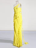 French Elegant One-Shoulder Dress Dress 2025 New High-End Slim Slim Ribbon Open Fork Sexy Dress