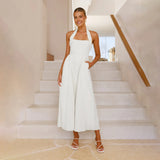 Women's Clothing 2025 New Temperament Pure Color Side To Receive Waist Hanging Neck-Laught