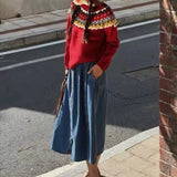Zingj National Style Jacquard Small Red Sweater Design Sense Contrast Color Thick Sweater Autumn Winter New Foreign Style Jacket-Outfit