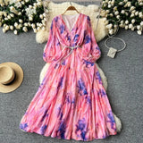 Temperament Elegant Dress Women's High-End Lantern Sleeves To Close The Waist Thin V-Neck Print Lotus Leaf Side