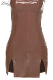Women Autumn 2023 New Y2K Brown PU Leather Vintage Classic Solid Elastic Skinny Sexy&Club Low Cut Hem Slitted Hip