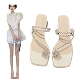 Shoes Women 2025 Summer New Word With Water Drill Clip Sandals Square Head Transparent Thick Heel Wearing Cold