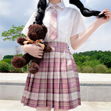 Pink JK Women Pleated Skirt Summer High Waist Fashion Tie Plaid Mini Skirt A Line Cute Sweet Japan Girls Dancing