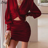 Sexy Hollow Out Women's Mini Dress Lantern Sleeve Satin Party Club Dresses Deep V-neck Bodycon Ruched Dress