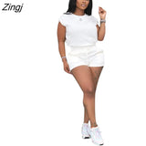 Summer Women Biker Two Piece Set Solid Color Tracksuit T shirt + Pant Sportsuit Clothes For Women