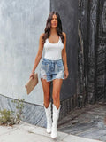 Women's Summer New Fashion Leisure Chain Tuxed Hole Denim Shorts
