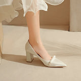 Women 2025 Spring New Fashion Sharp Thick Heel Shoes Korean Version Of Pearl Comfortable Satin Shallow Mouth Single