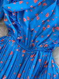 Women Floral Pleated Dress Elegant Bow Collar Flare Long Sleeve High Waist A-Line Ruffle Draped Vestidos Female Robe