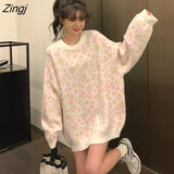 Leopard Sweater Women Hip Hop Long Sleeve Oversize Pullover Female Tops Korean Style Casual O-Neck Loose Knitted