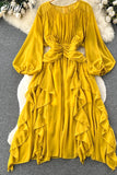 Autumn Women Irregular Ruffle Draped Midi Dress Vintage Yellow/Blue/Red O-Neck Puff Long Sleeve Vacation Beach Robe