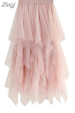 Women Sweet Midi Spring And Summer High Waist Solid Asymmetrical Elegant Chic White Mesh Tulle Skirts