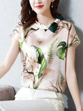 Women Blouse 2023 Summer Floral Women Top Bow Elegant Blouses Satin Ladies Tops Fashion Women Clothing Basic Short Sleeve