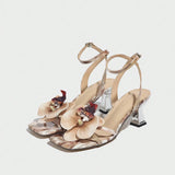 Tip-Slaught Fine High Heel Sandals Lady Three-Dimensional Flower Decoration After Belt Plating Women's