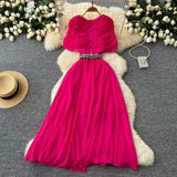 Fan Niche Design Pressure Folding Collar Button To Collect Waist Thin Temperament Medium Long Over Knee Chiffon