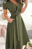 Women Summer Long Dress Short Sleeve V Neck Solid Vintage Elegant Chic Shirt Dress With Belt Office Ladies Party