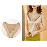 Summer Fashion Silk Womens Blouses Satin Tops Woman Shirts Embroidery Sleeveless Ladies Top V-neck Lace OL Women