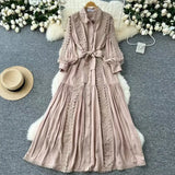 Elegant Dress Women Autumn Fasting Small High-Grade Lace Splicing Single Buckle Waist Over Knee