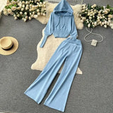 And Winter Solid Knitted Hooded Hooded Jersey Blouse High Waist-Hanging Feeling Trousers Casual Two Sets Of
