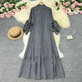 Zingj Sense Of Socialite Temperament Three House Pleated Lantern Long Sleeve Collar Loose A Line Solid Color Dress Elegant
