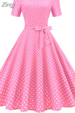 Dot Vintage Dress Women Summer Elegant Short Sleeve Square Collar A-Line Midi Party Sundress 50s 60s Vestidos Plus