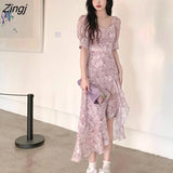 Women Irregular Summer Chic Print Tunic Ins Party Side-slit Holiday Vintage A-line Puff Sleeve Y2k Korean Style