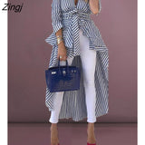 Women Boho Stripe Long Sleeve Deep V neck Loose Long tail Tunic T Shirt Hippie Spring Autumn