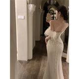 Zingj Photo White One-Word Shoulder Dress 2023 New Female Autumn Show Figure