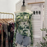 Graffiti-Printed Shoulder-Threin Mesh Long-Sleeved Blouse Side Drawstring Tethered With Slime T-Shirt