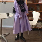 Women Sets Printed V-neck Vests High Waist Loose Turn-down Collar Single Breasted Mid-calf Purple Dress Sweet Student Lovely