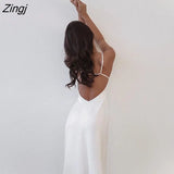 Women Sexy Satin Backless Solid Color Long Dress Stylish Sleeveless V-neck Spaghetti Strap Party Dress