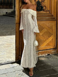 Spice Girl Packed Evening Dress Woman 2025 Spring New Fashion-Word Shoulder Lace Stitching Design Sensing Long-Sleeved