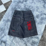 Pocket Embroidered Letter Print Jeans Men's Shorts Summer Vintage Super Wide-Legged