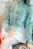 Long Sleeve Blouse Women Tops Floral Print Button Shirt Elelgant Stand Collar Spring Fashion Ruffle Green Clothes